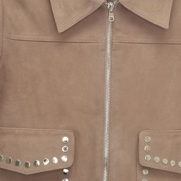 Sandro Paris Tan Patriote Studded Pockets Suede Leather Jacket Size 2 or Medium - Picture 7 of 11